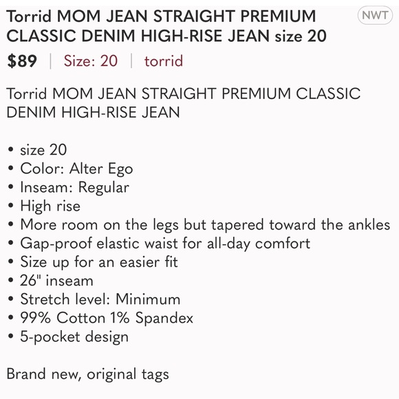 Torrid Mom Jeans straight premium classic High Rise Size 20 - Picture 5 of 6